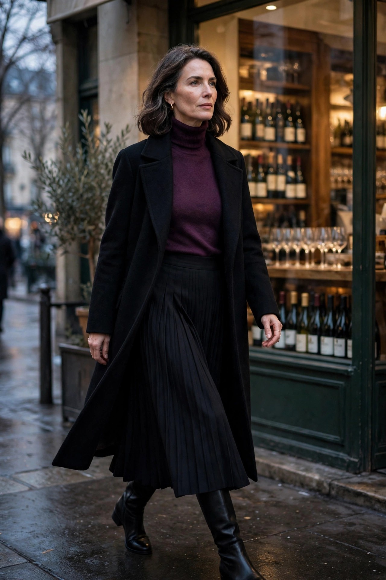 Woman in her 50s in a plum turtleneck and black pleated midi skirt