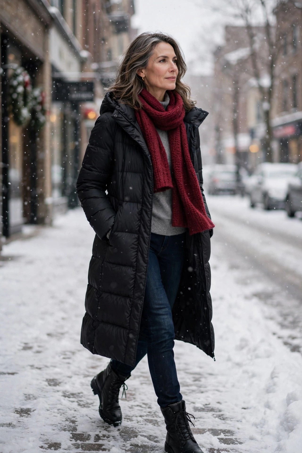 Woman in her 50s in a long black puffer coat with a cranberry scarf