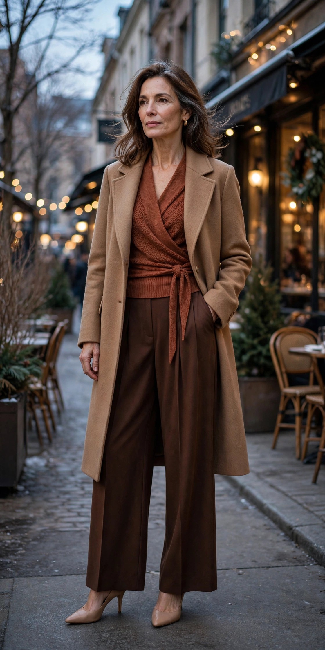 Woman in her 50s in a rust wrap top, chocolate trousers and camel coat