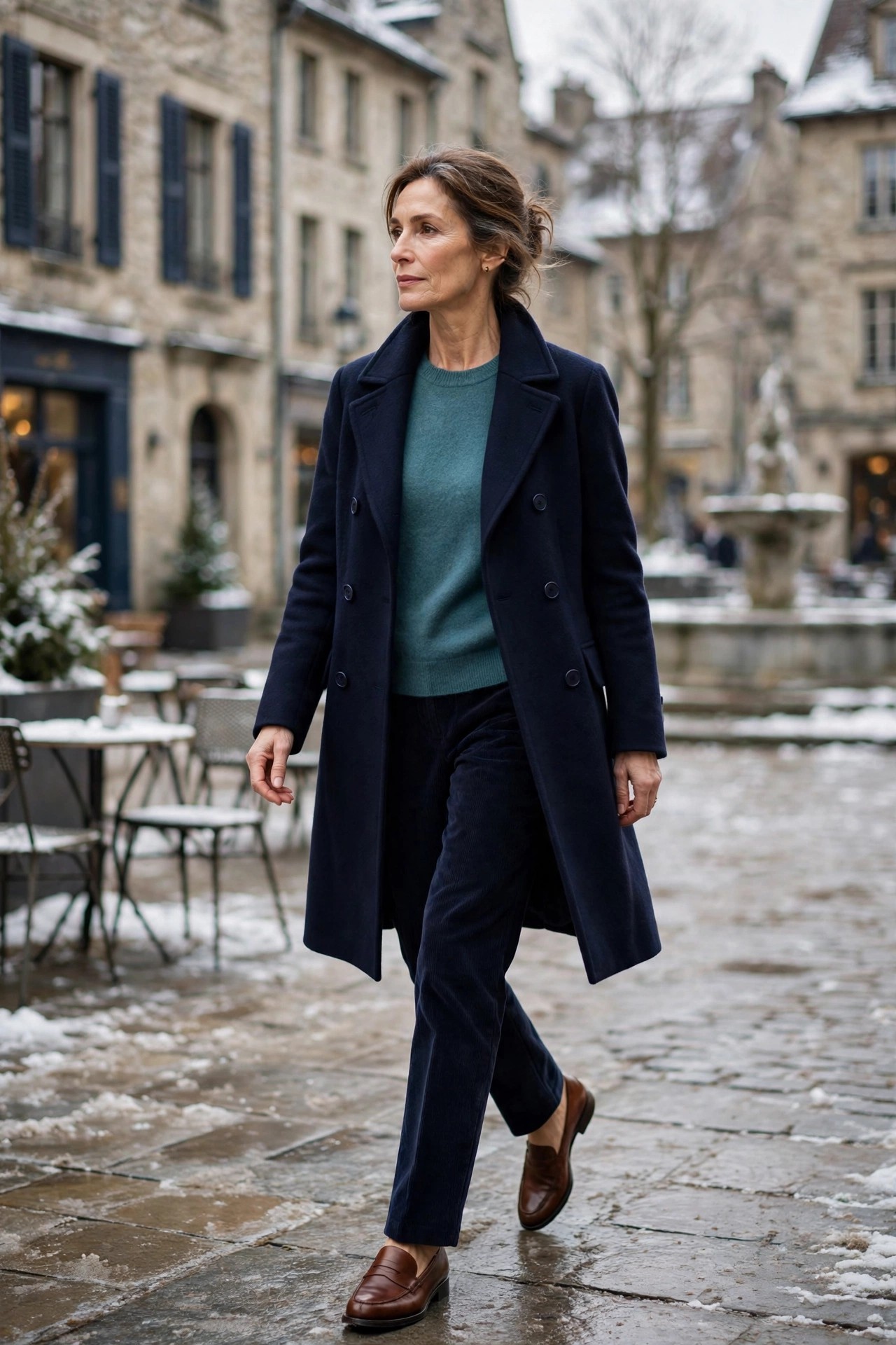 Woman in her 50s in a teal cashmere sweater and navy wool coat