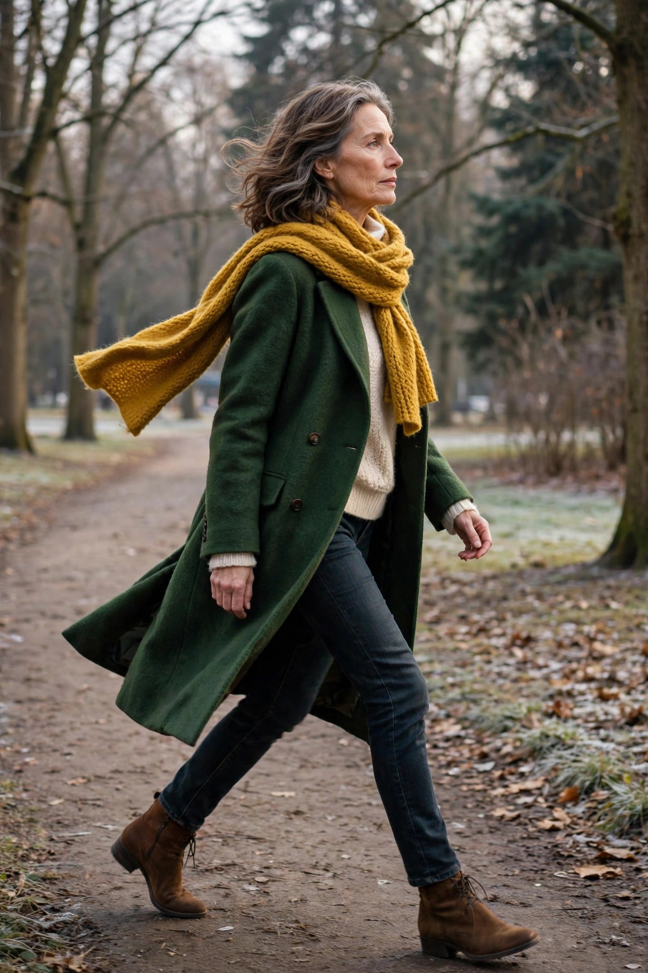 Woman in her 50s in a forest green coat with a mustard yellow scarf