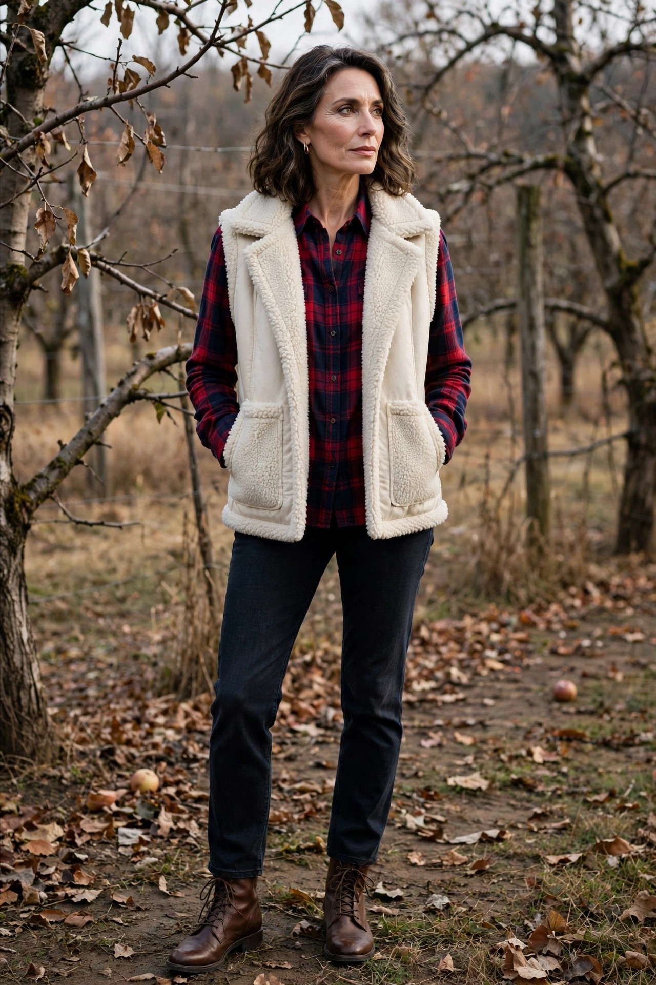 Woman in her 50s in a plaid flannel shirt and cream sherpa vest
