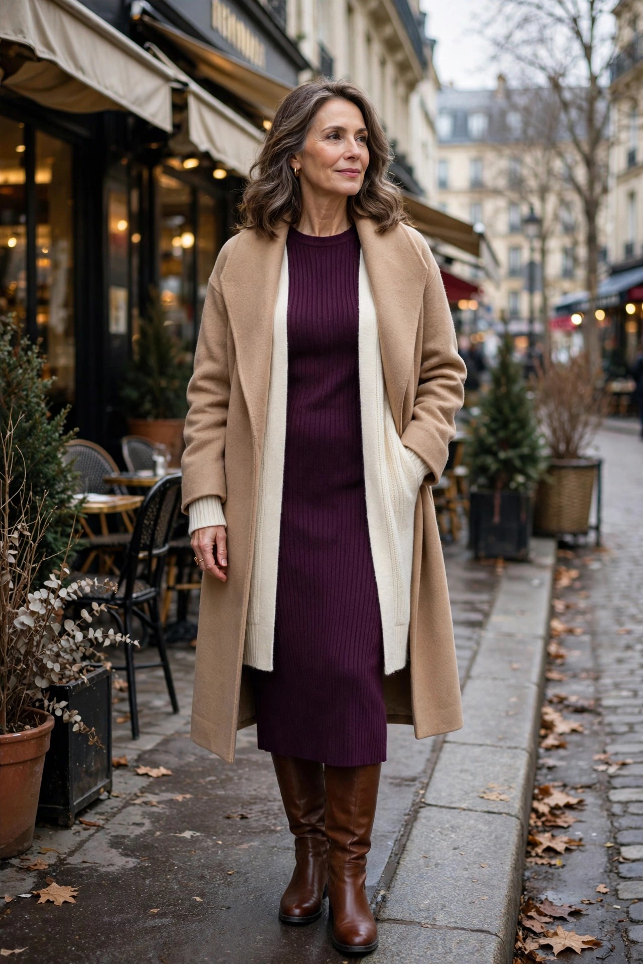 Woman in her 50s in a plum knit midi dress and long cream cardigan