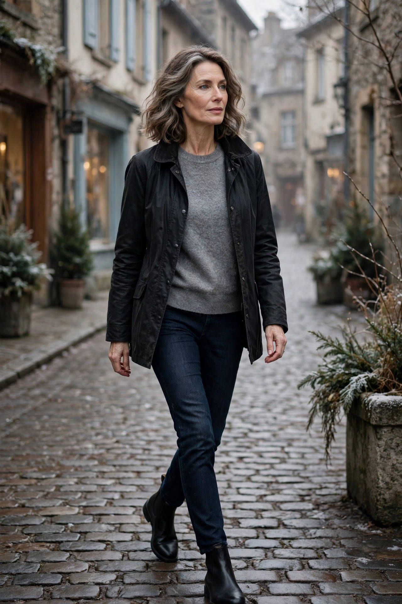 Woman in her 50s in a grey sweater and black waxed jacket in an old town
