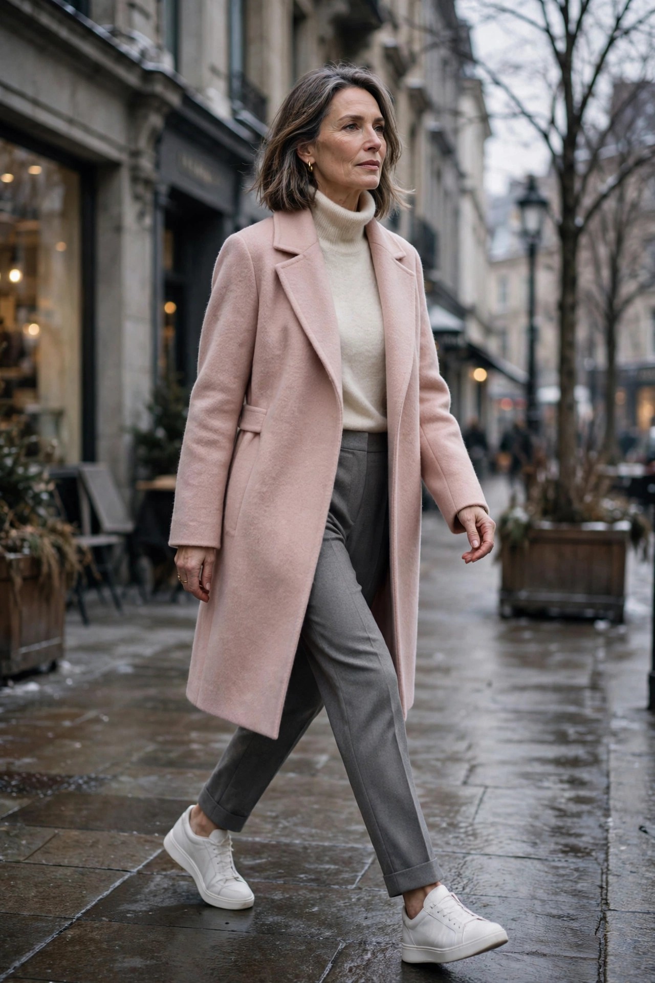 Woman in her 50s in a blush pink coat, cream turtleneck and white sneakers
