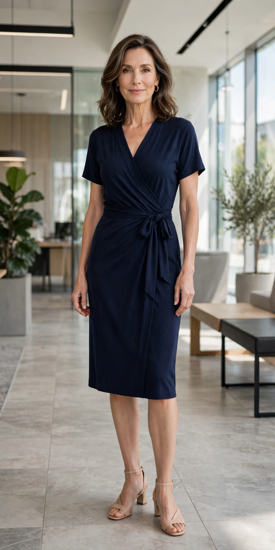 Woman over 50 wearing a navy jersey wrap dress with nude block heels in an office lobby