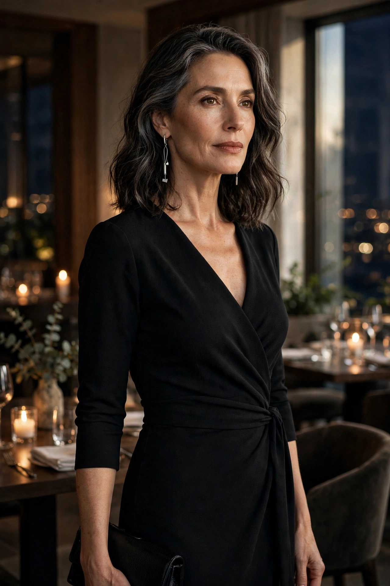 Woman over 50 in a black three-quarter-sleeve wrap dress with silver earrings at a restaurant