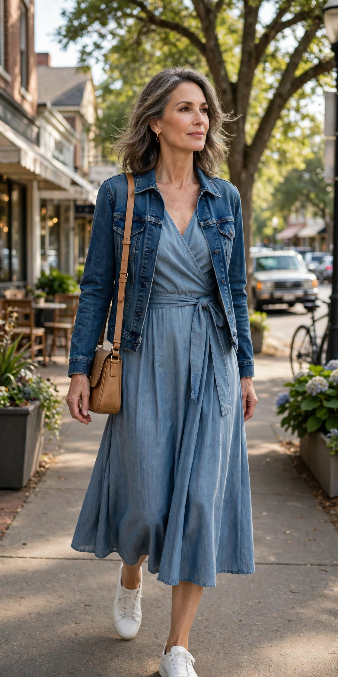 Woman over 50 in a chambray wrap dress under a denim jacket with white sneakers