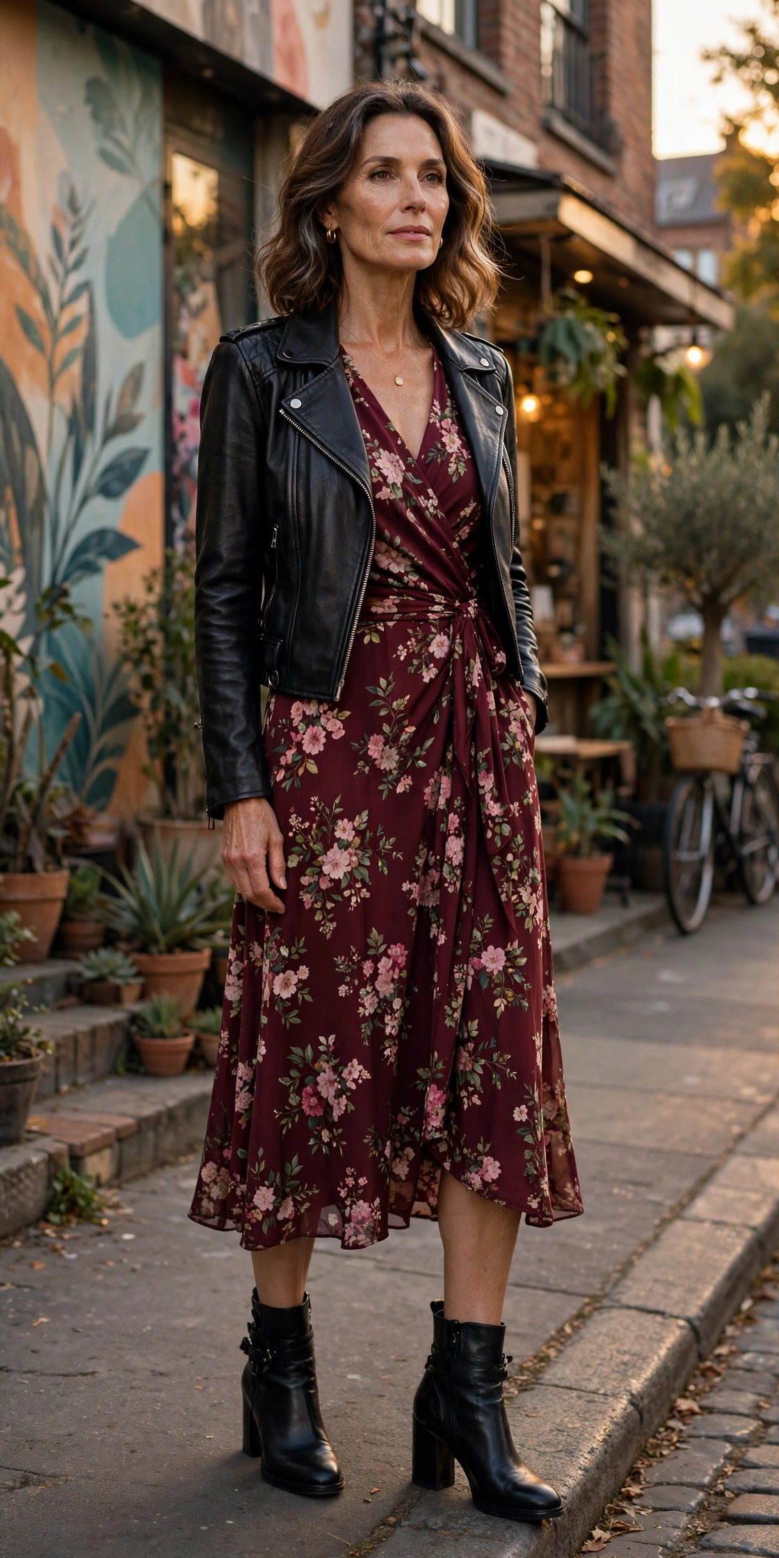 Woman over 50 in a burgundy floral wrap dress with a black leather moto jacket