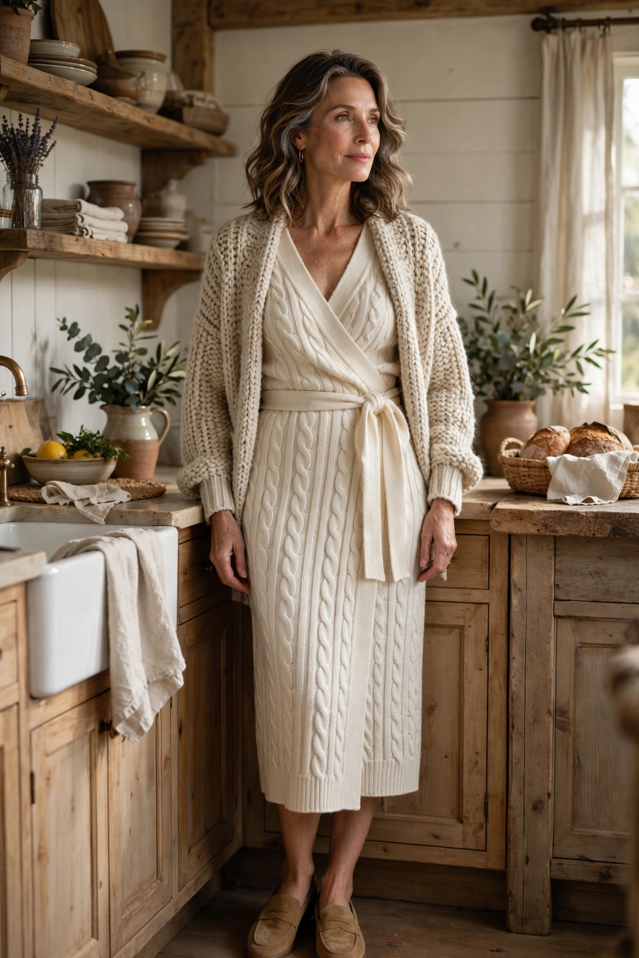 Woman over 50 in a cream cable-knit wrap dress with an oatmeal cardigan in a farmhouse kitchen