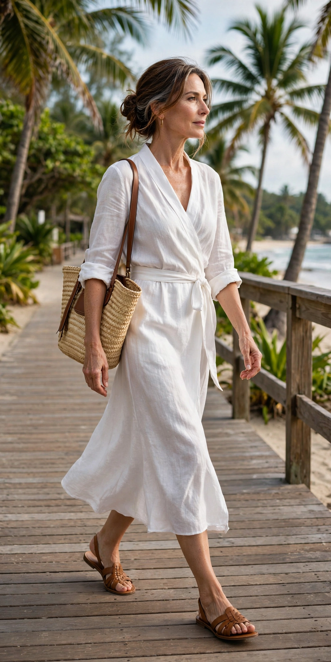 Woman over 50 in a white linen wrap dress with flat sandals and straw tote on a beach boardwalk
