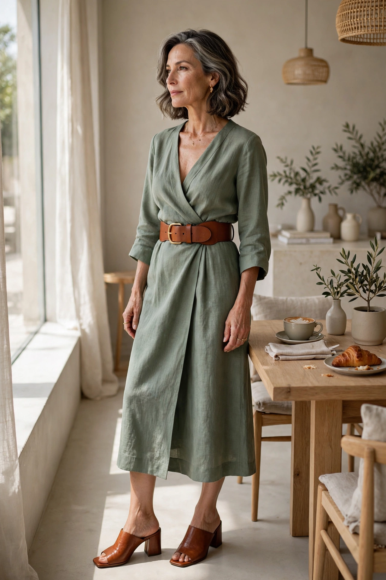 Woman over 50 in a sage wrap dress cinched with a wide cognac leather belt