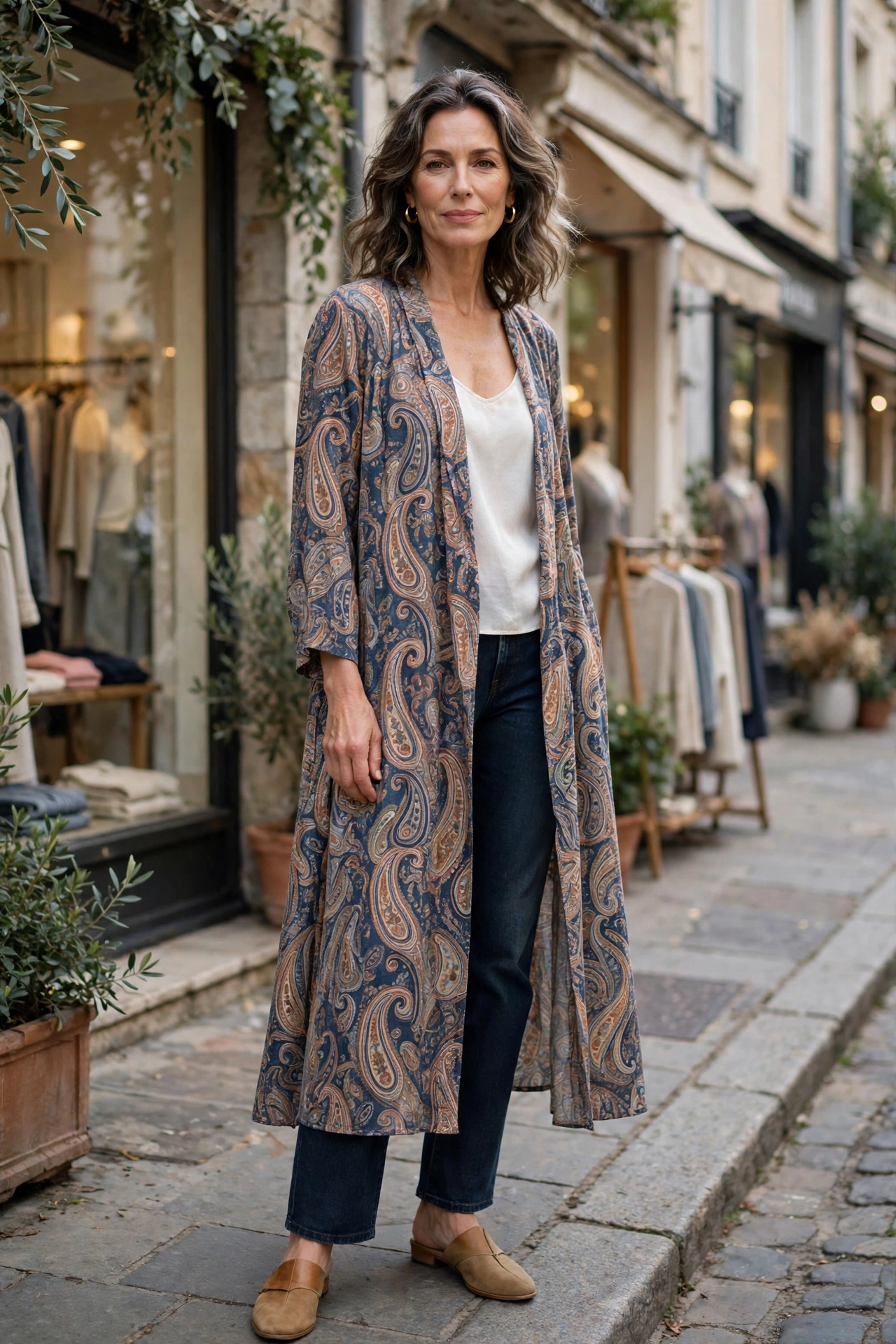 Woman over 50 wearing a paisley wrap dress open as a duster over jeans and a white cami