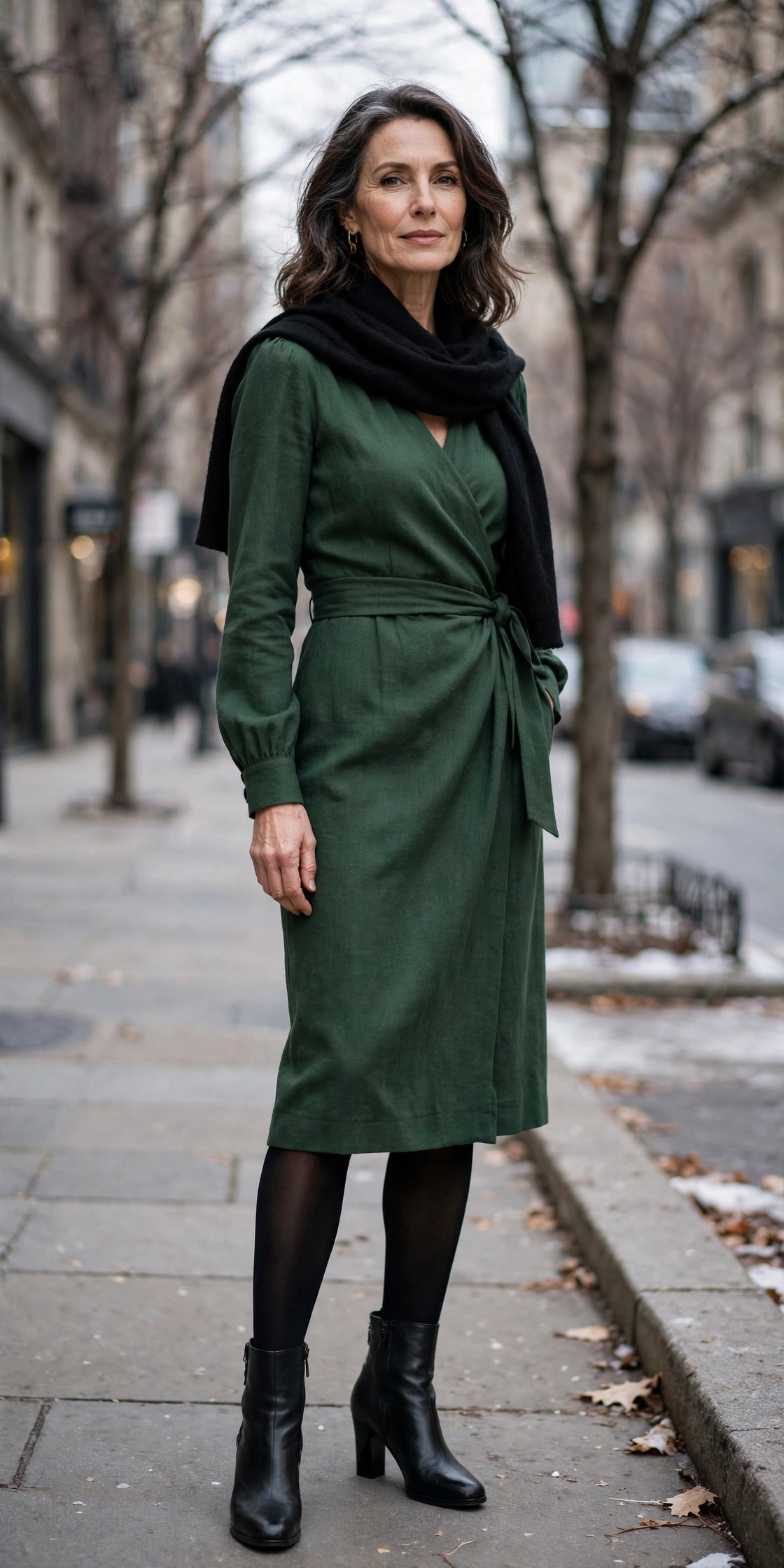 Woman over 50 in a forest-green wrap dress with black tights and heeled ankle boots