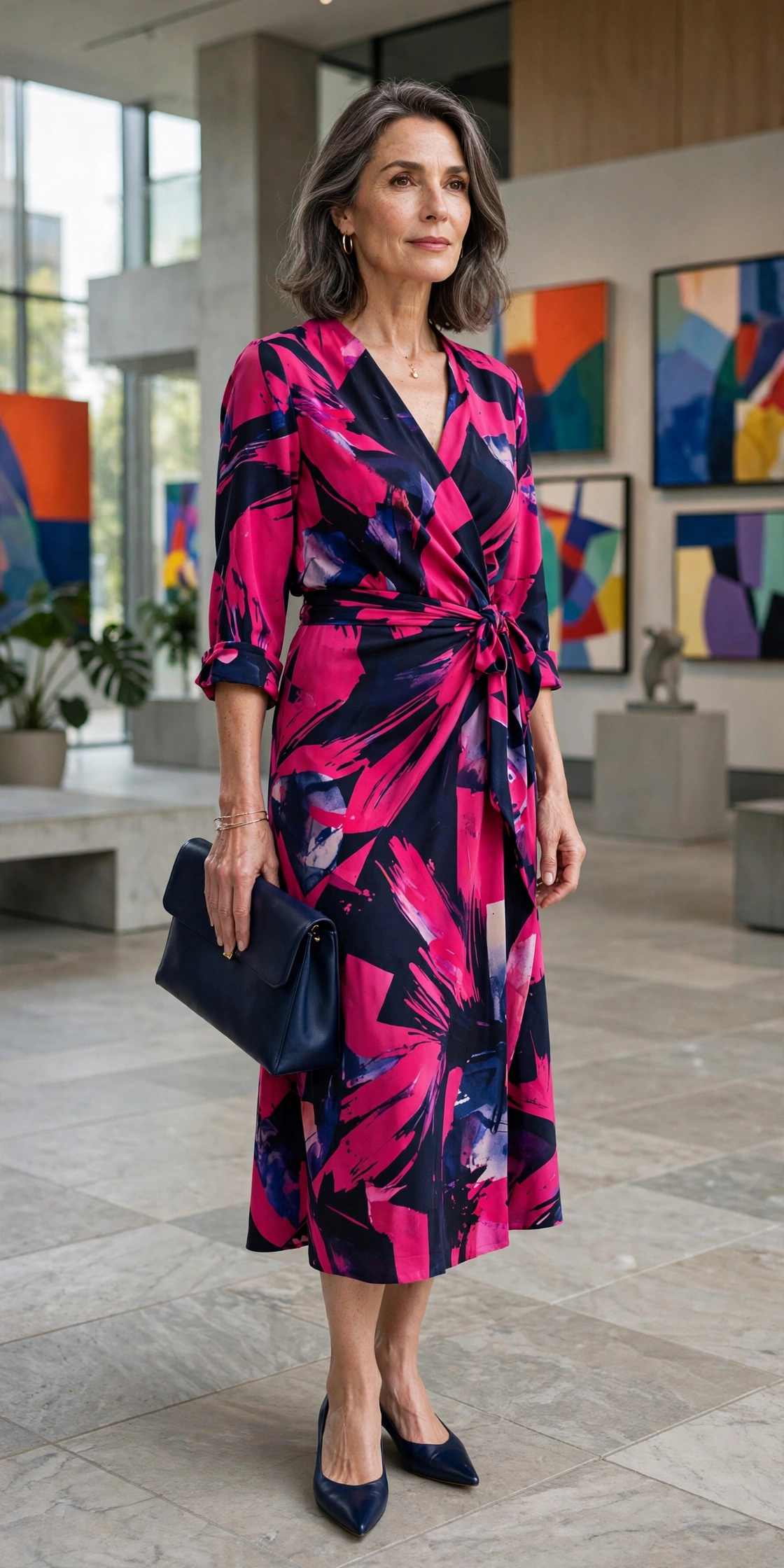 Woman over 50 in a fuchsia-and-navy abstract print wrap dress with navy flats