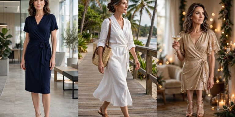 21 wrap dress outfits over 50 that flatter every curve collage