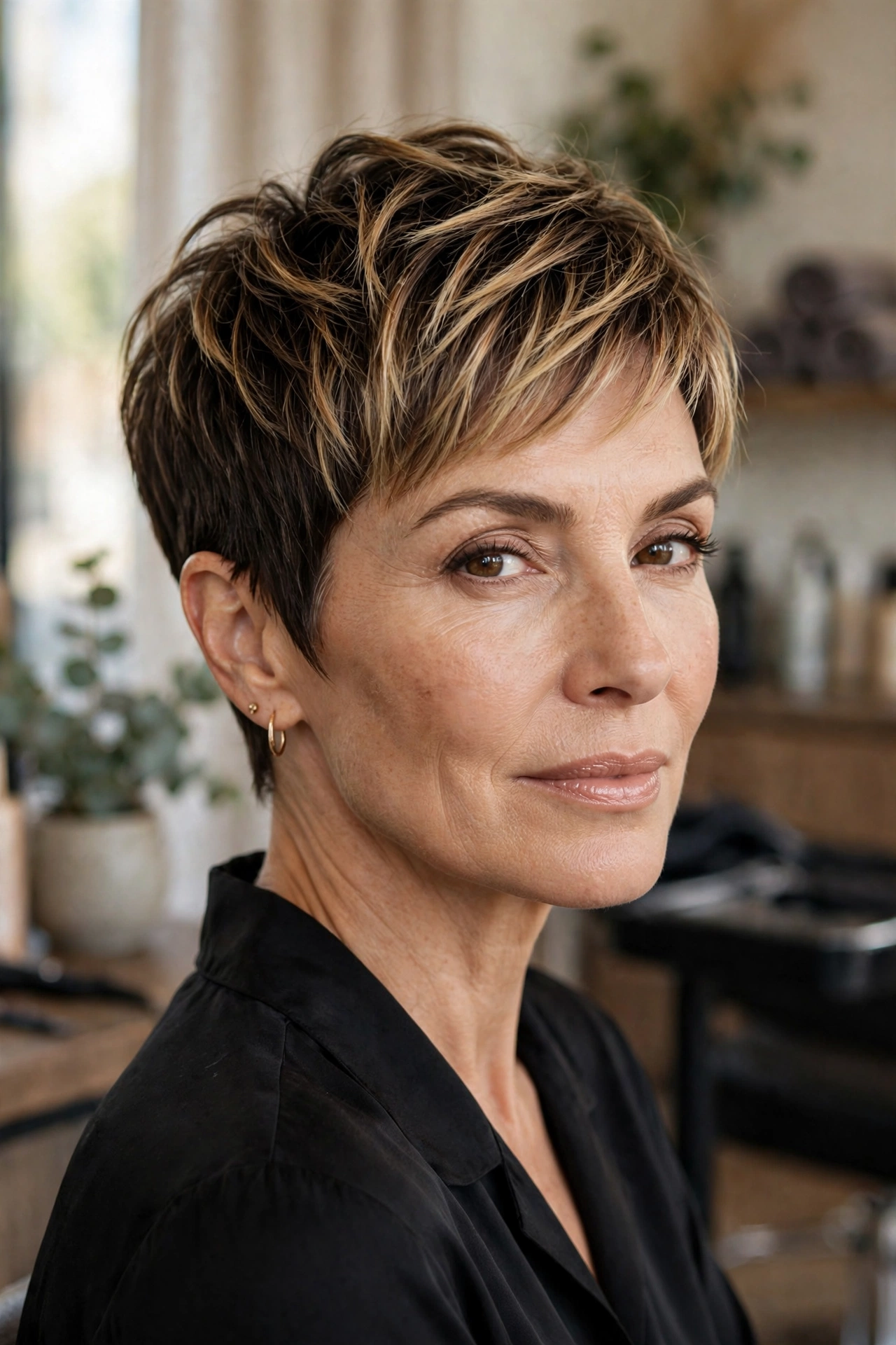 Short pixie crop on a woman over 50 with honey blonde balayage feathered through the ends