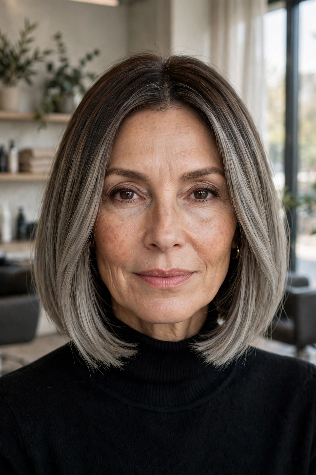 Blunt bob with dove gray blonde balayage blended into a smoky brown base