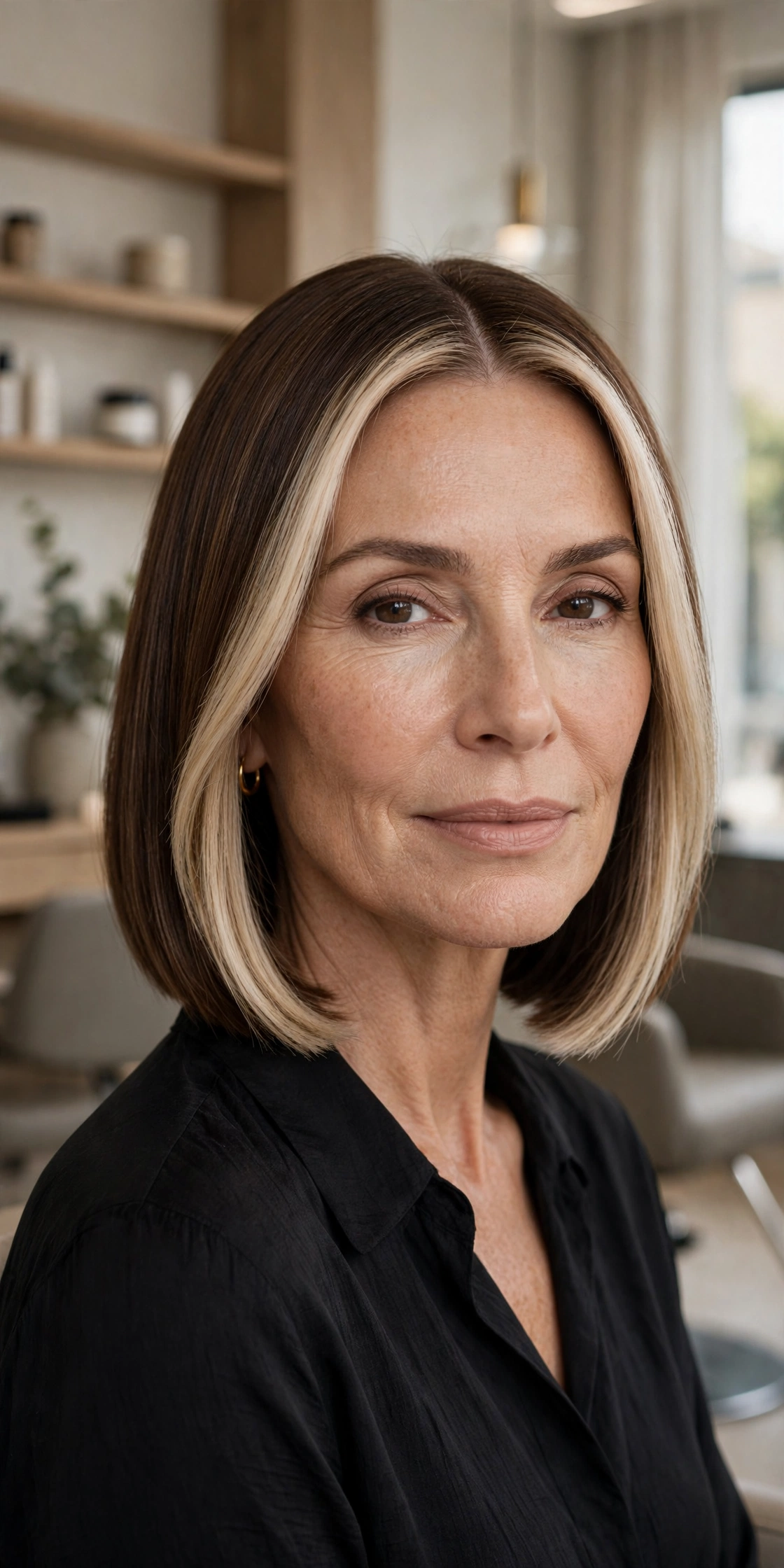Sleek bob with pearl blonde face-framing panels on rich brunette hair