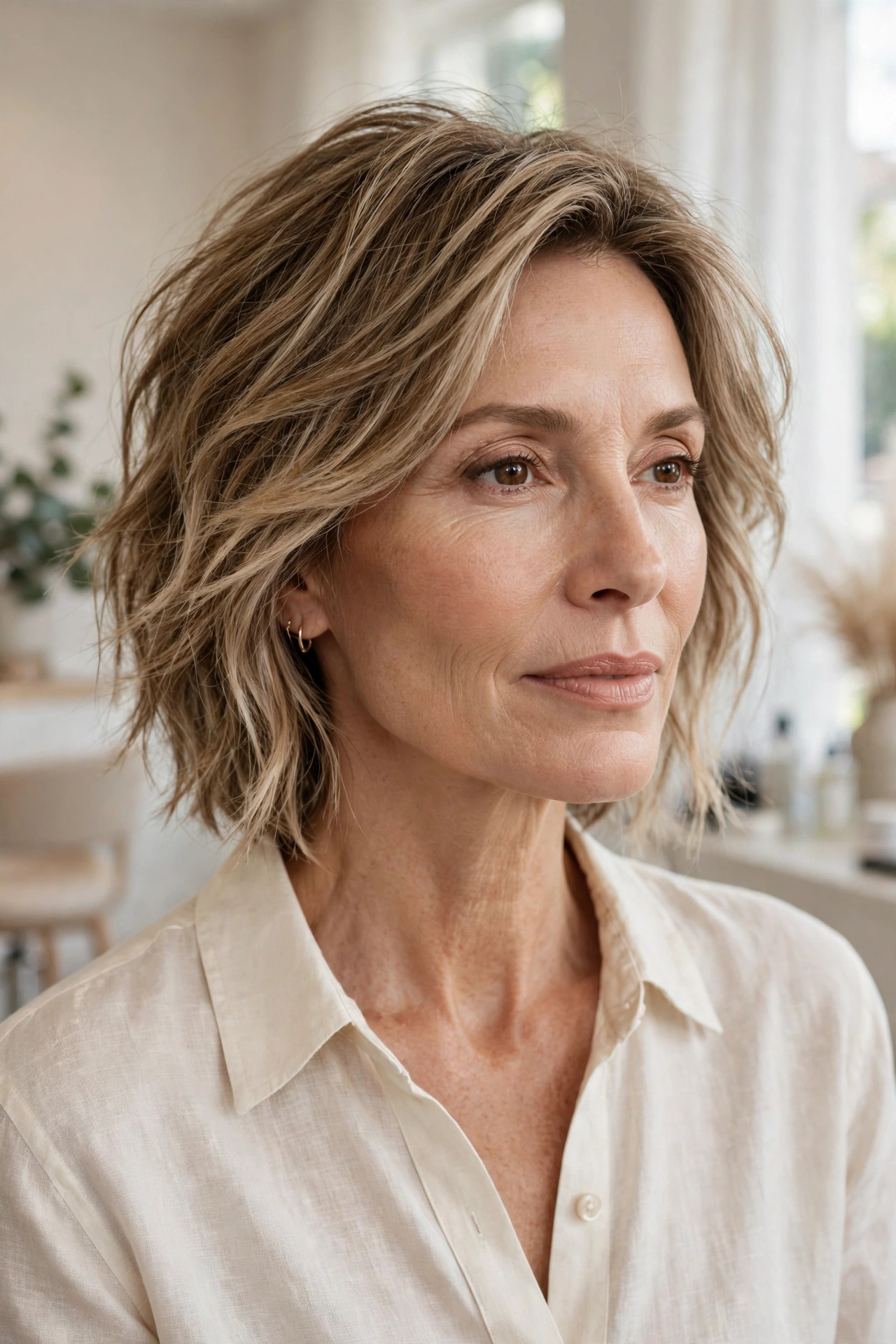 Textured lob with natural wheat blonde balayage on a light brown base