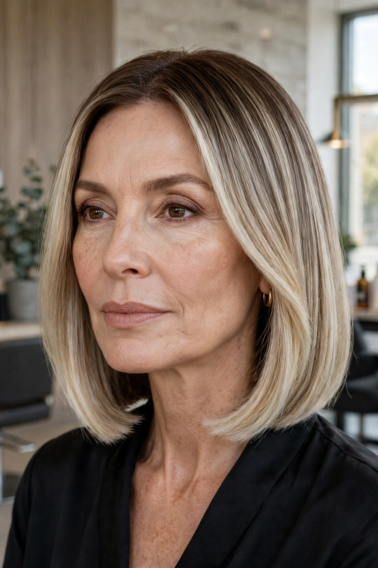 Blunt bob with icy beige blonde balayage on a neutral brown base