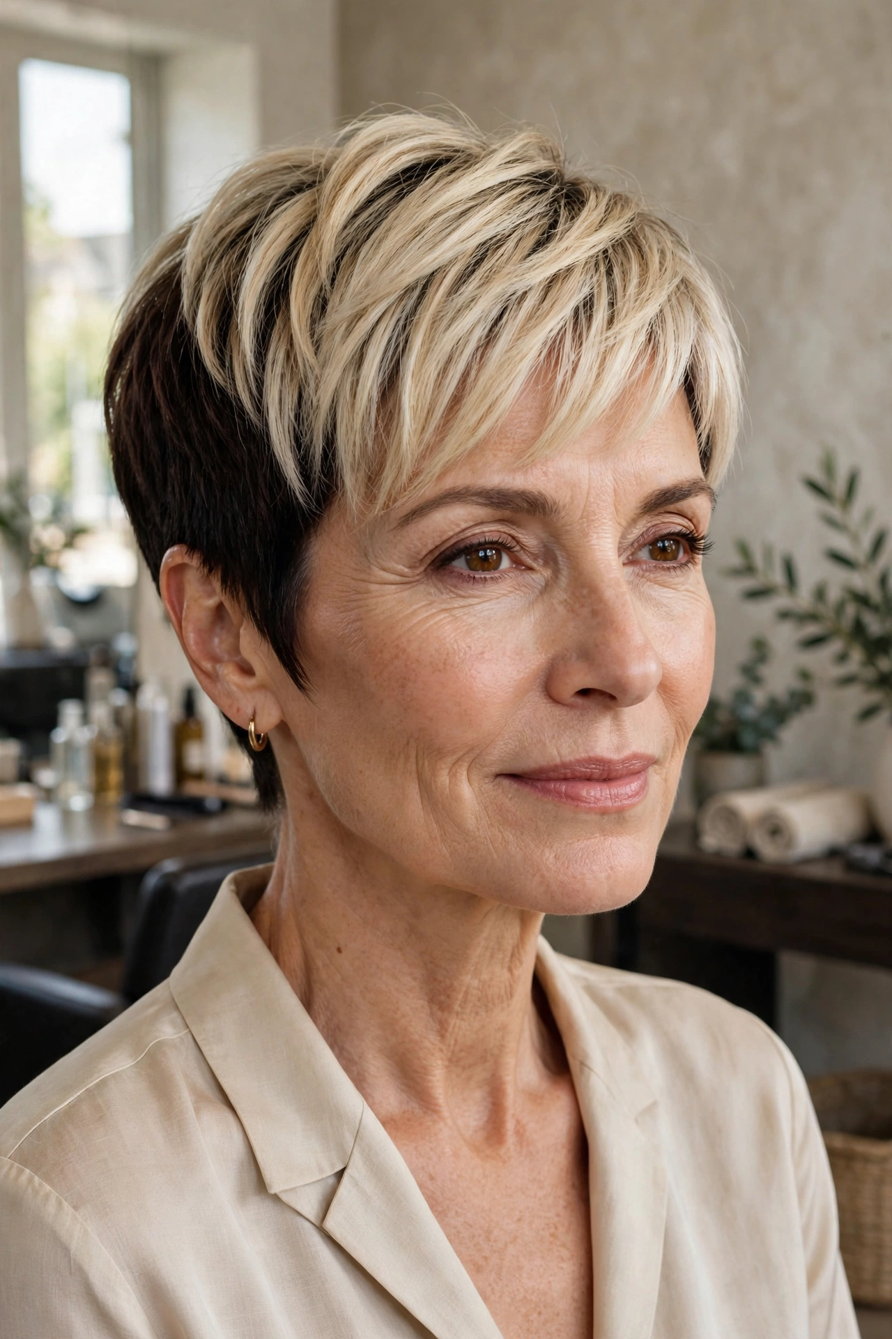 Pixie cut with coconut cream blonde balayage swept across the top
