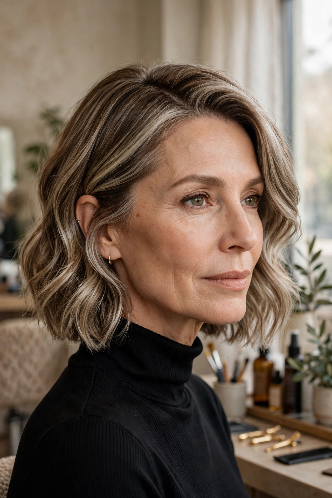Side-parted bob with cool bronde silvery beige balayage pieces