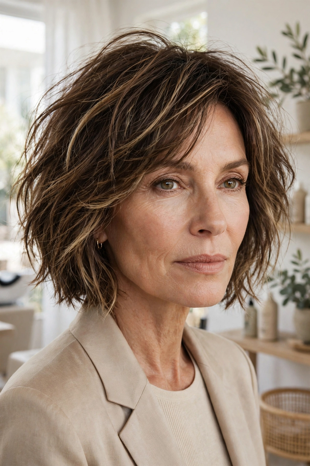 Tousled bob with scattered sandy bronde balayage pieces