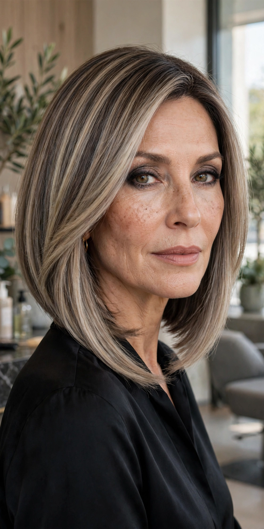Angled bob with smoky taupe blonde balayage, longer in front
