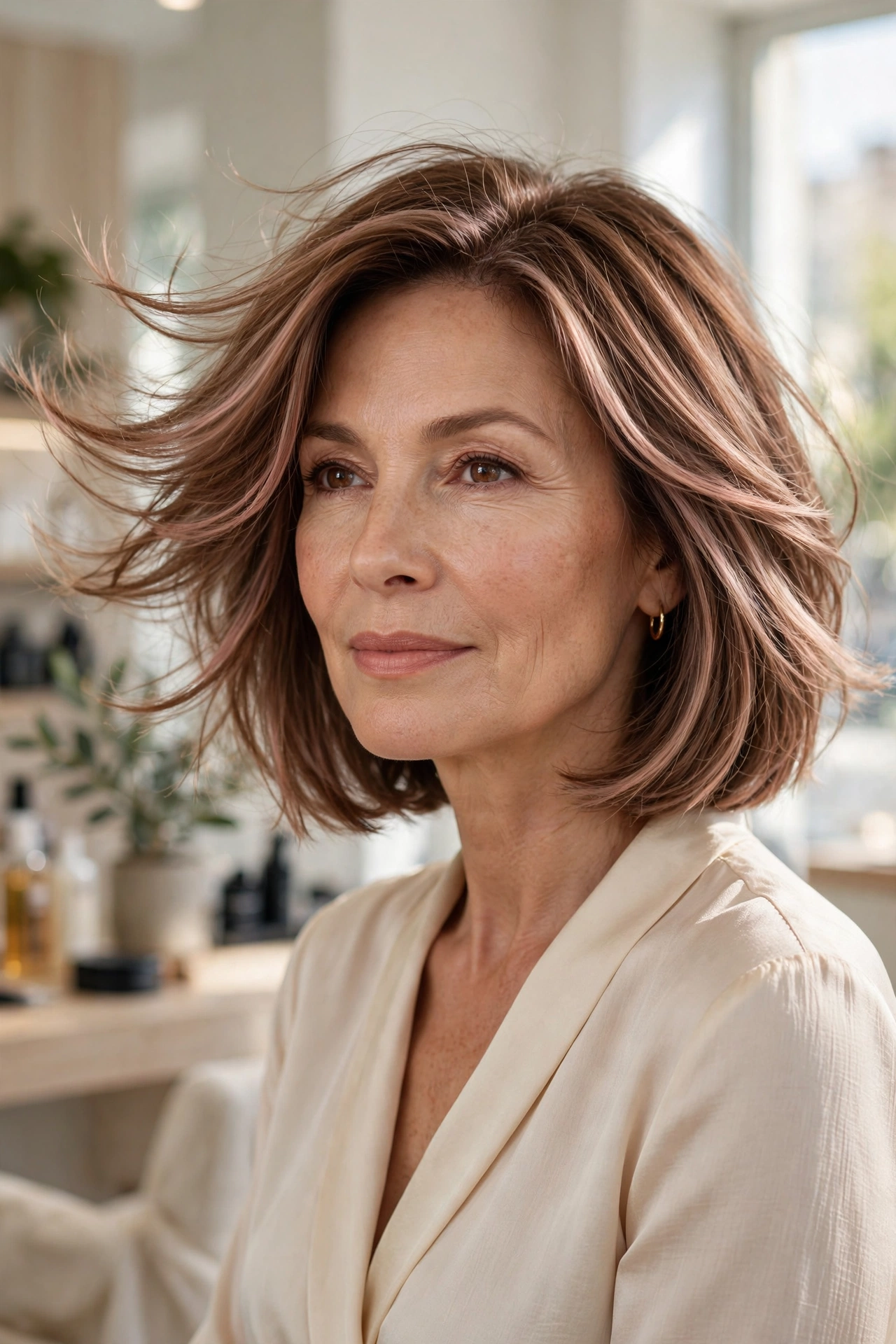 Soft swingy bob with rose gold balayage ribbons on warm brown hair