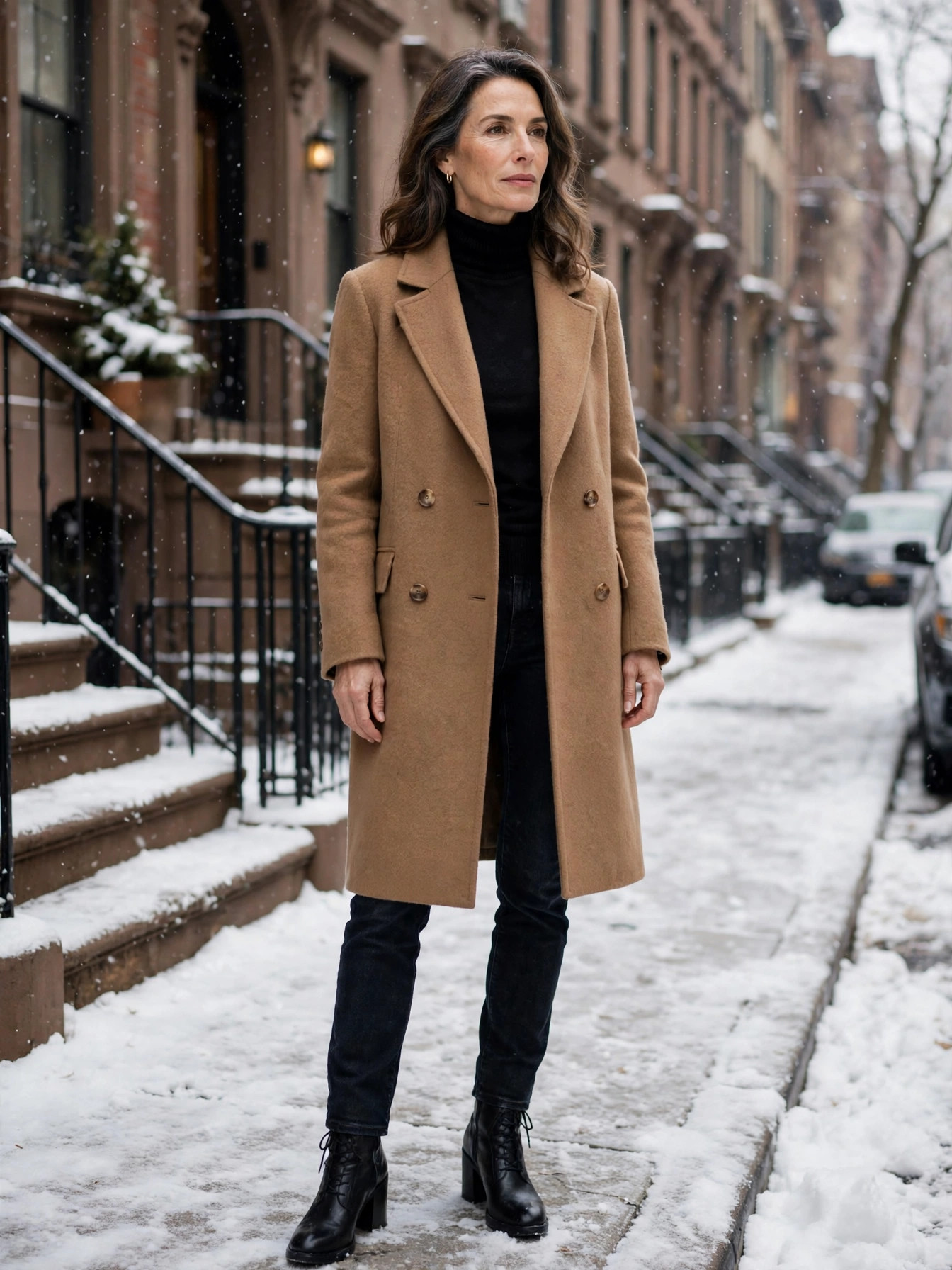 Woman over 50 in camel wool coat and black turtleneck on snowy New York street