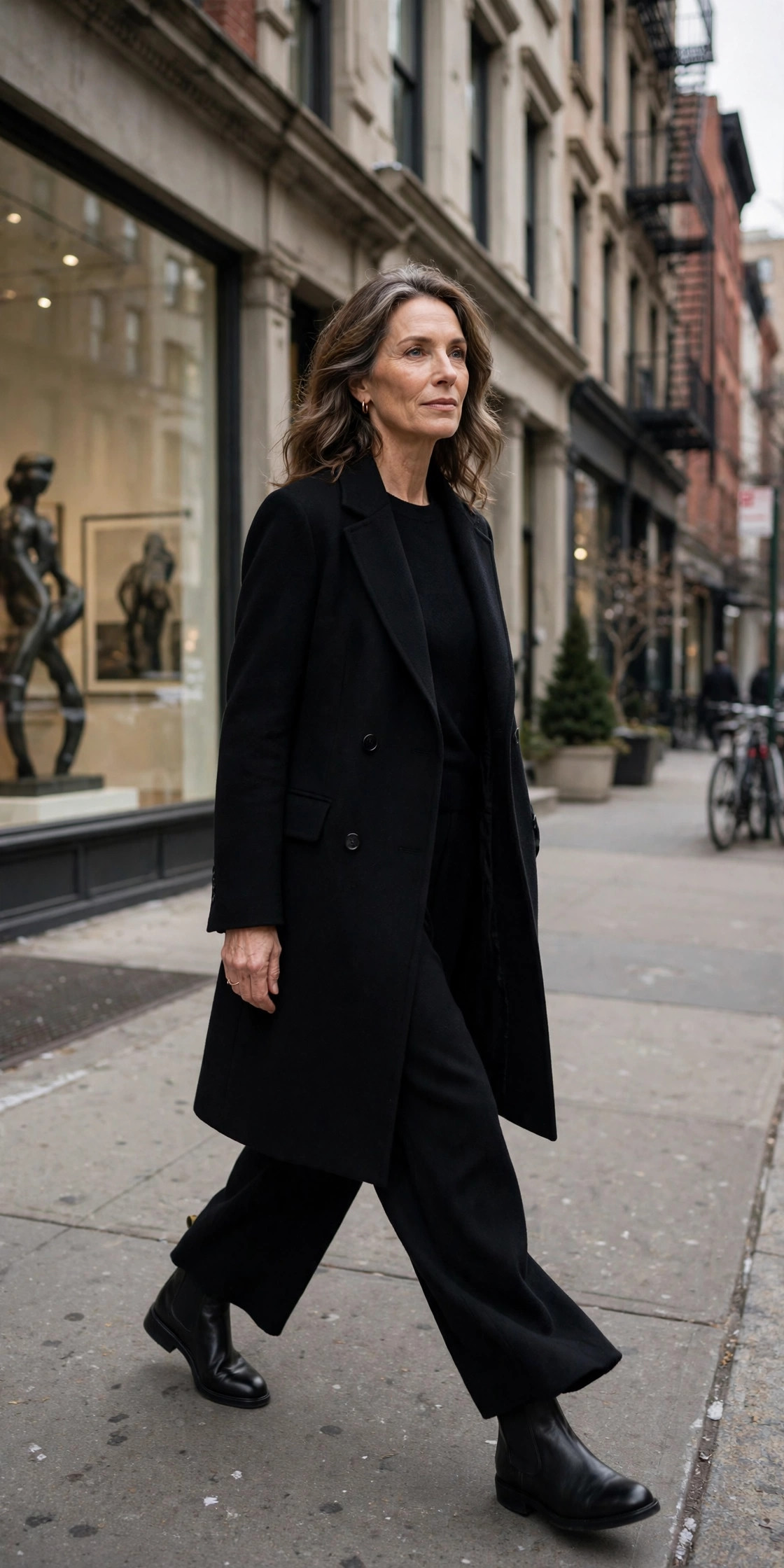 Woman over 50 in all-black winter outfit walking in Chelsea New York
