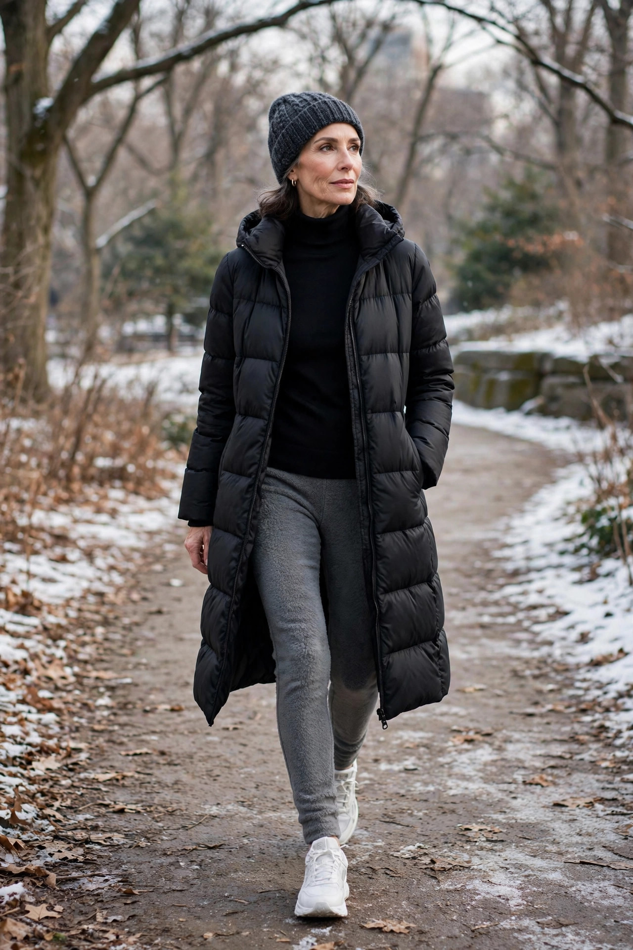 Woman over 50 in long puffer coat and beanie walking in Central Park winter