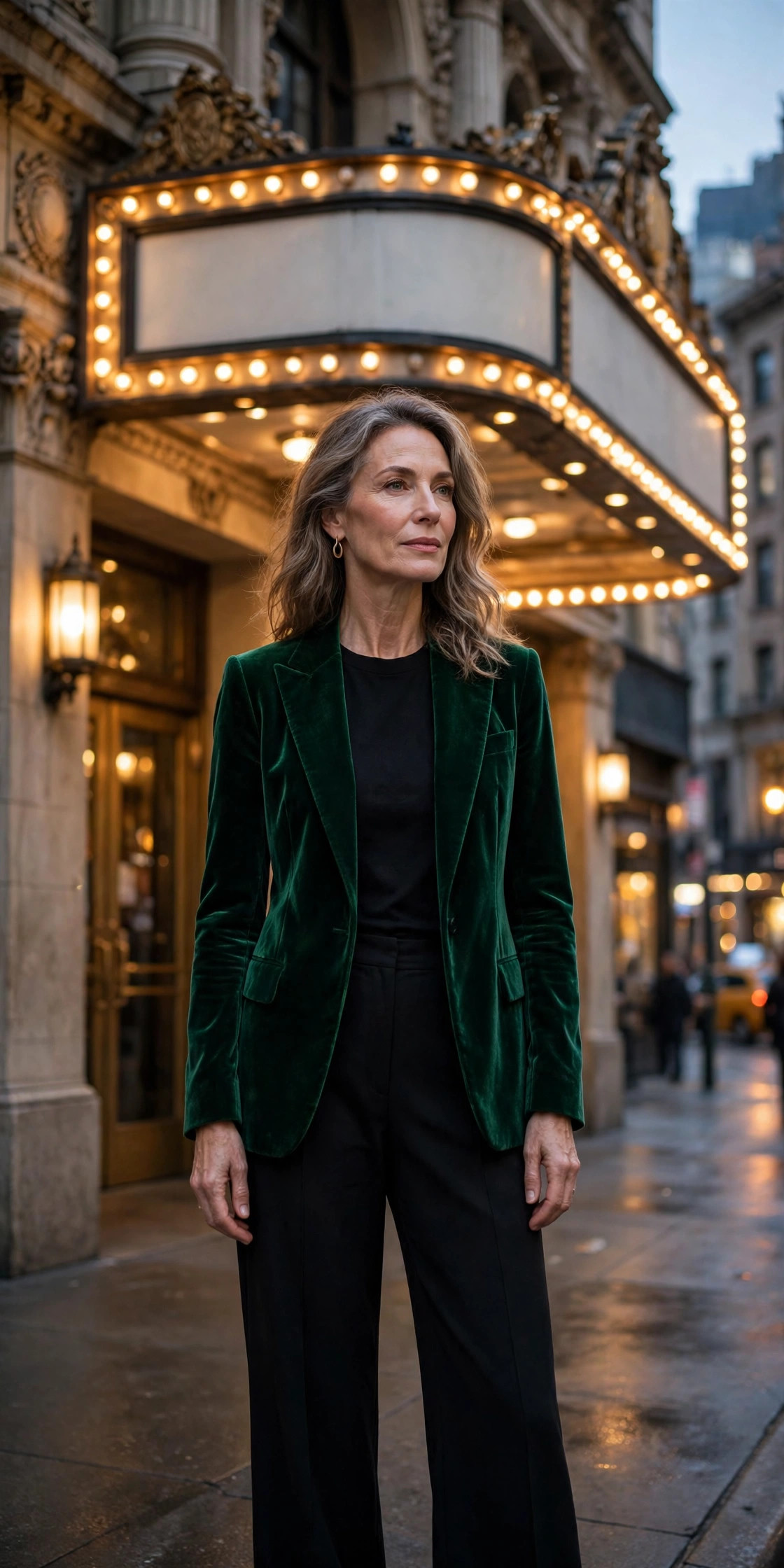 Woman over 50 in emerald velvet blazer outside Broadway theater at night