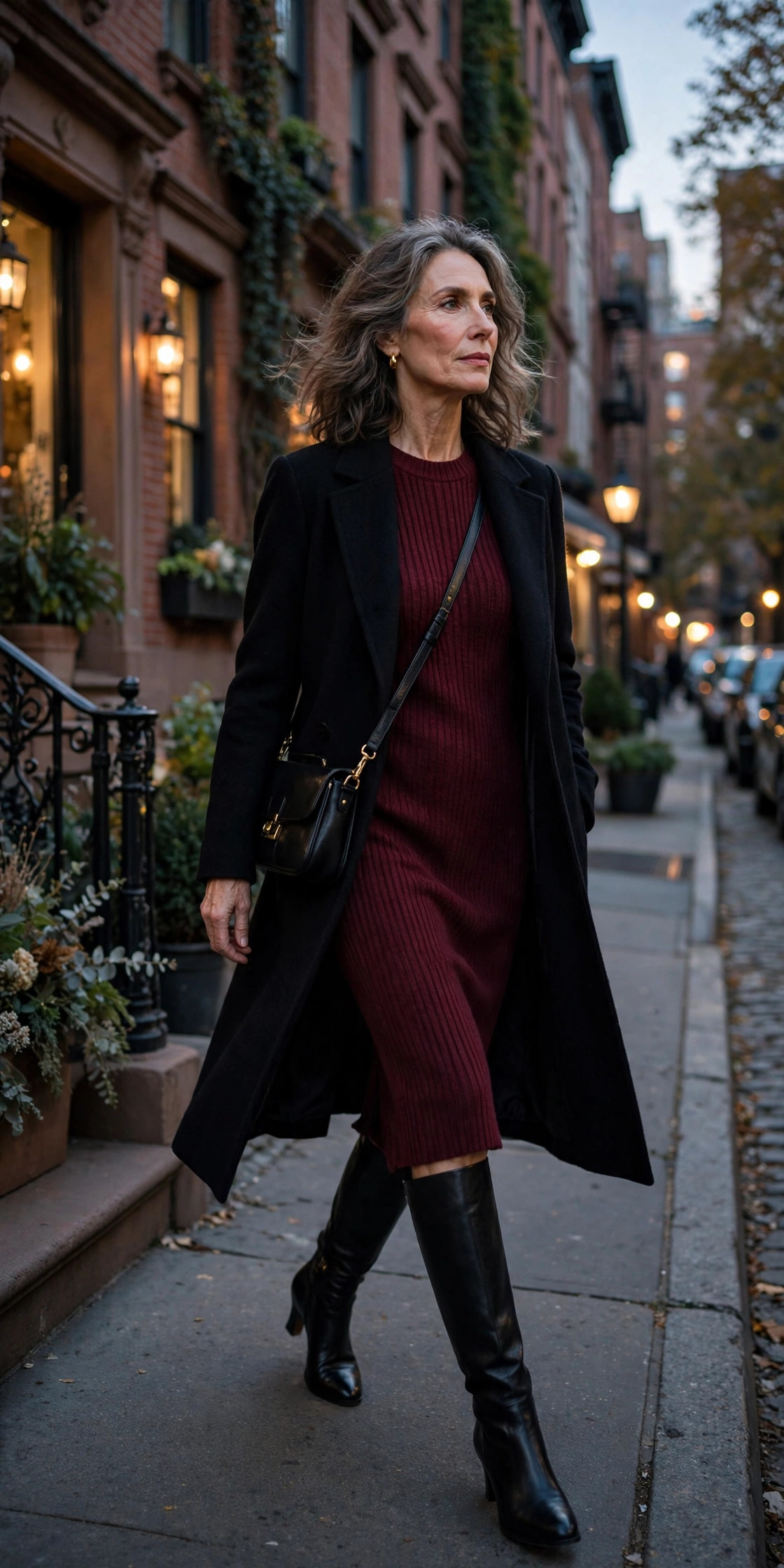 Woman over 50 in burgundy sweater dress and knee-high boots in West Village