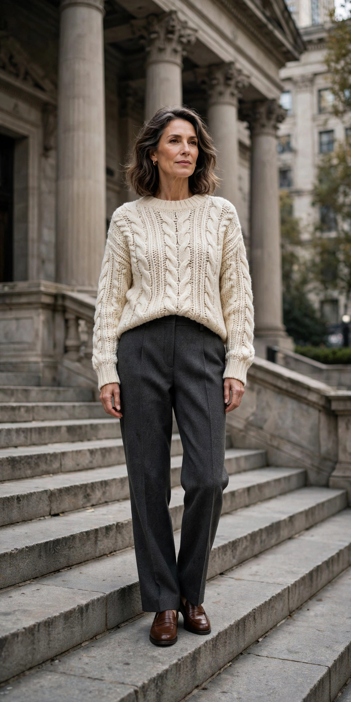 Woman over 50 in chunky cream knit and grey wool trousers at museum steps