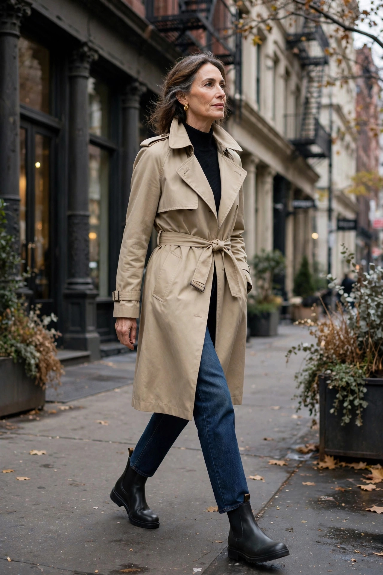 Woman over 50 in belted beige trench coat on SoHo street in December