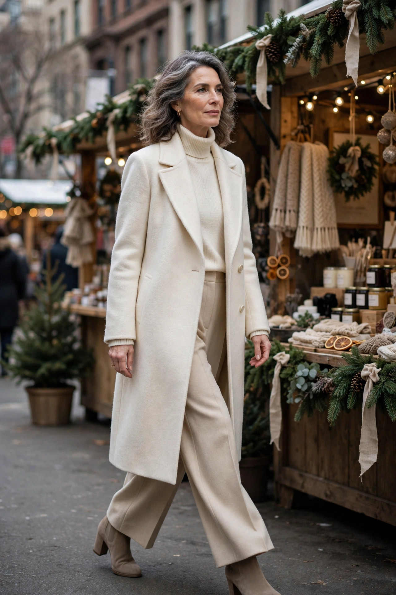 Woman over 50 in cream monochrome winter outfit at holiday market