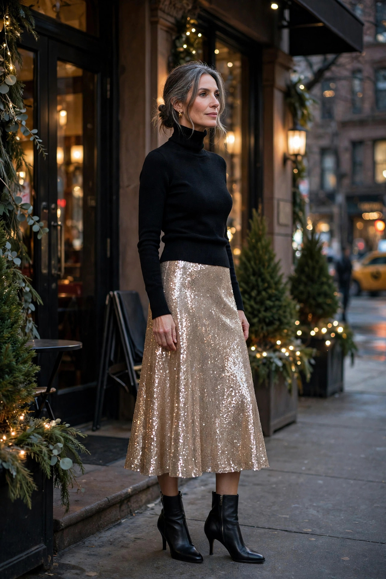 Woman over 50 in sequin midi skirt and black turtleneck on New Year's Eve