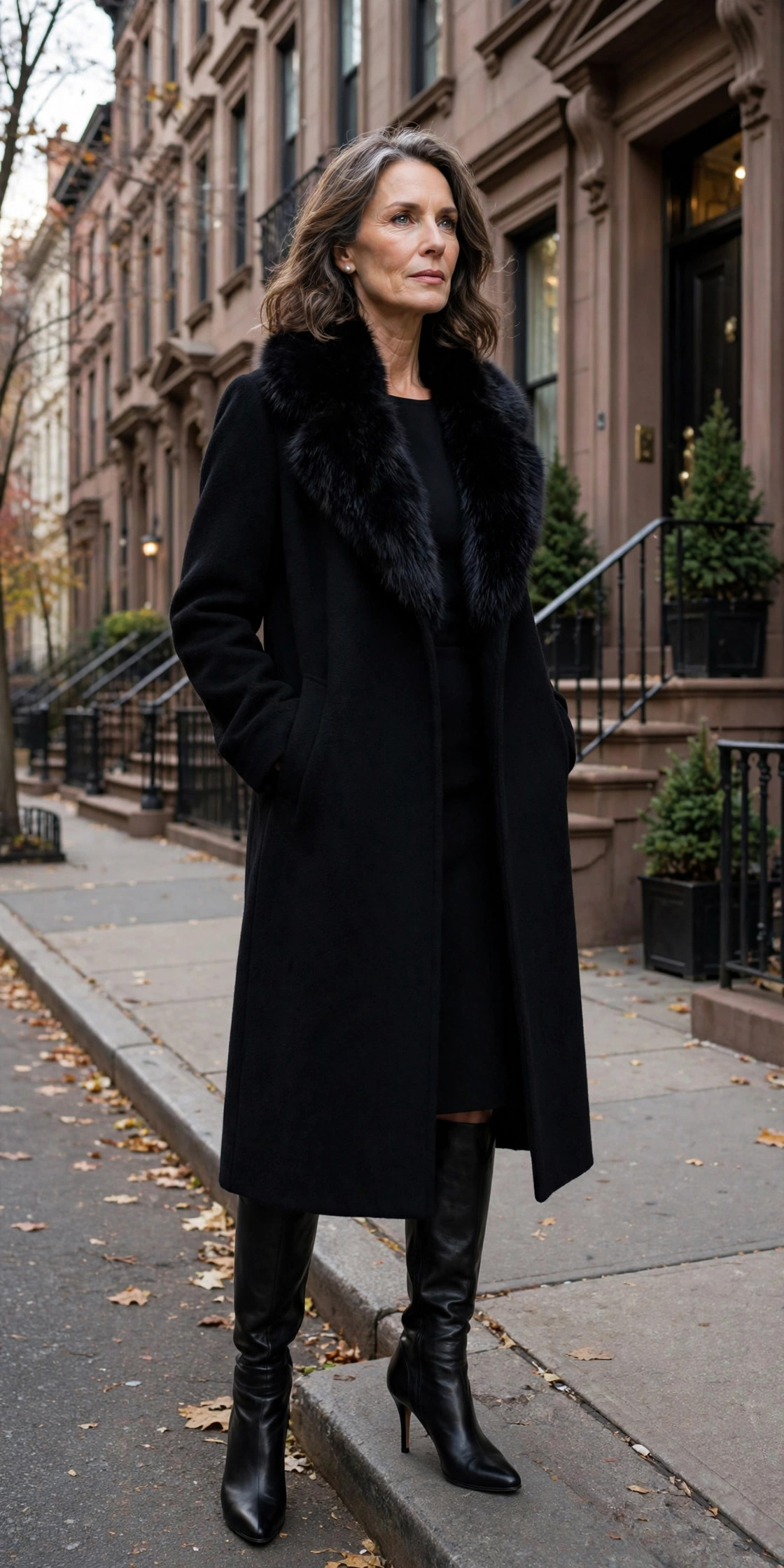 Woman over 50 in faux-fur collar coat on Upper East Side street