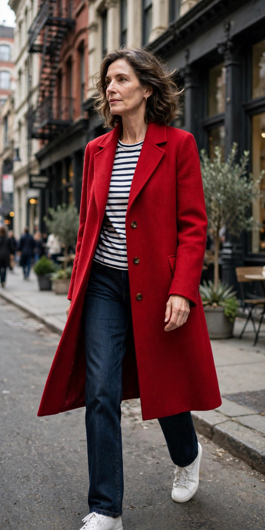 Woman over 50 in red statement coat and dark denim in SoHo