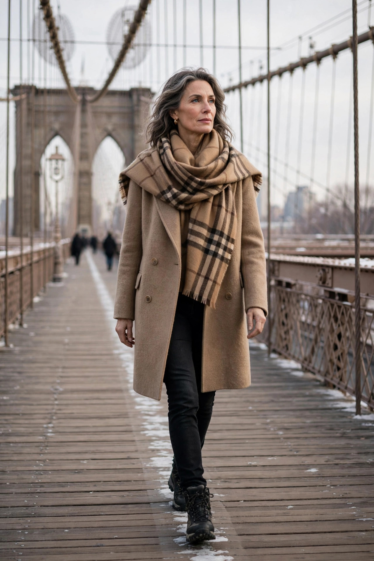 Woman over 50 in plaid blanket scarf walking on Brooklyn Bridge