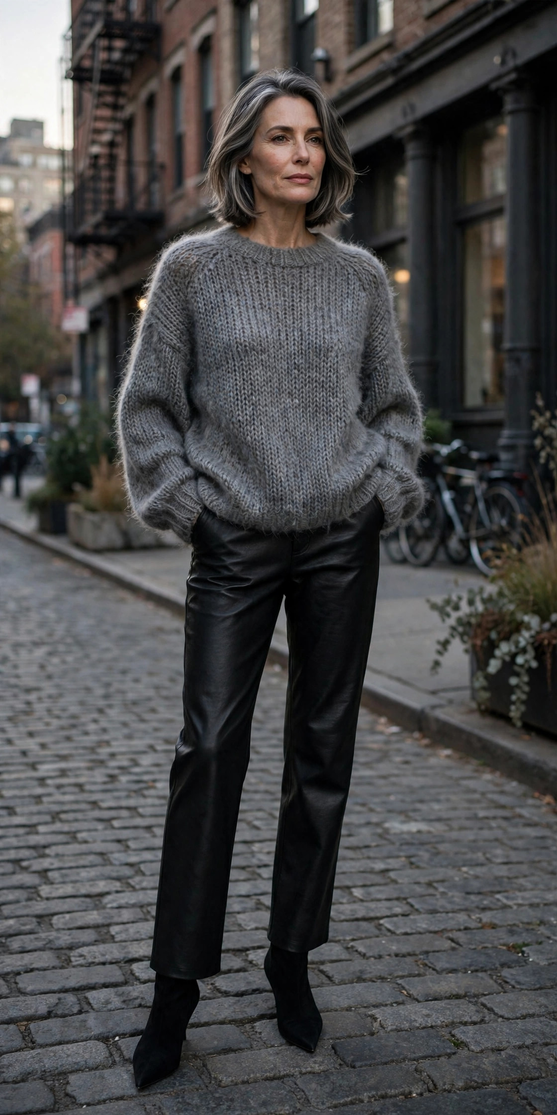 Woman over 50 in leather pants and cozy knit in Meatpacking District evening