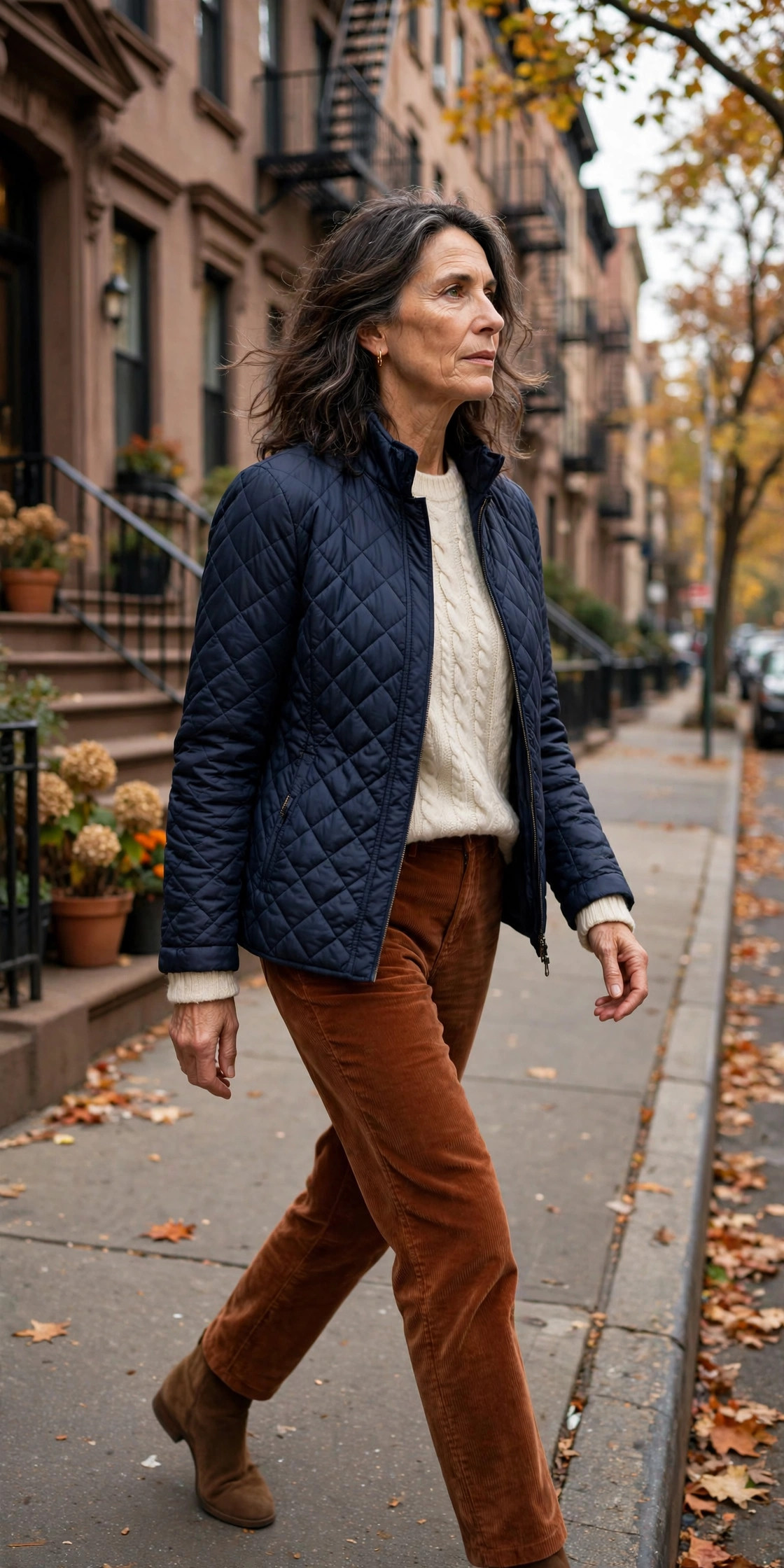 Woman over 50 in quilted navy jacket and corduroy trousers on brownstone street