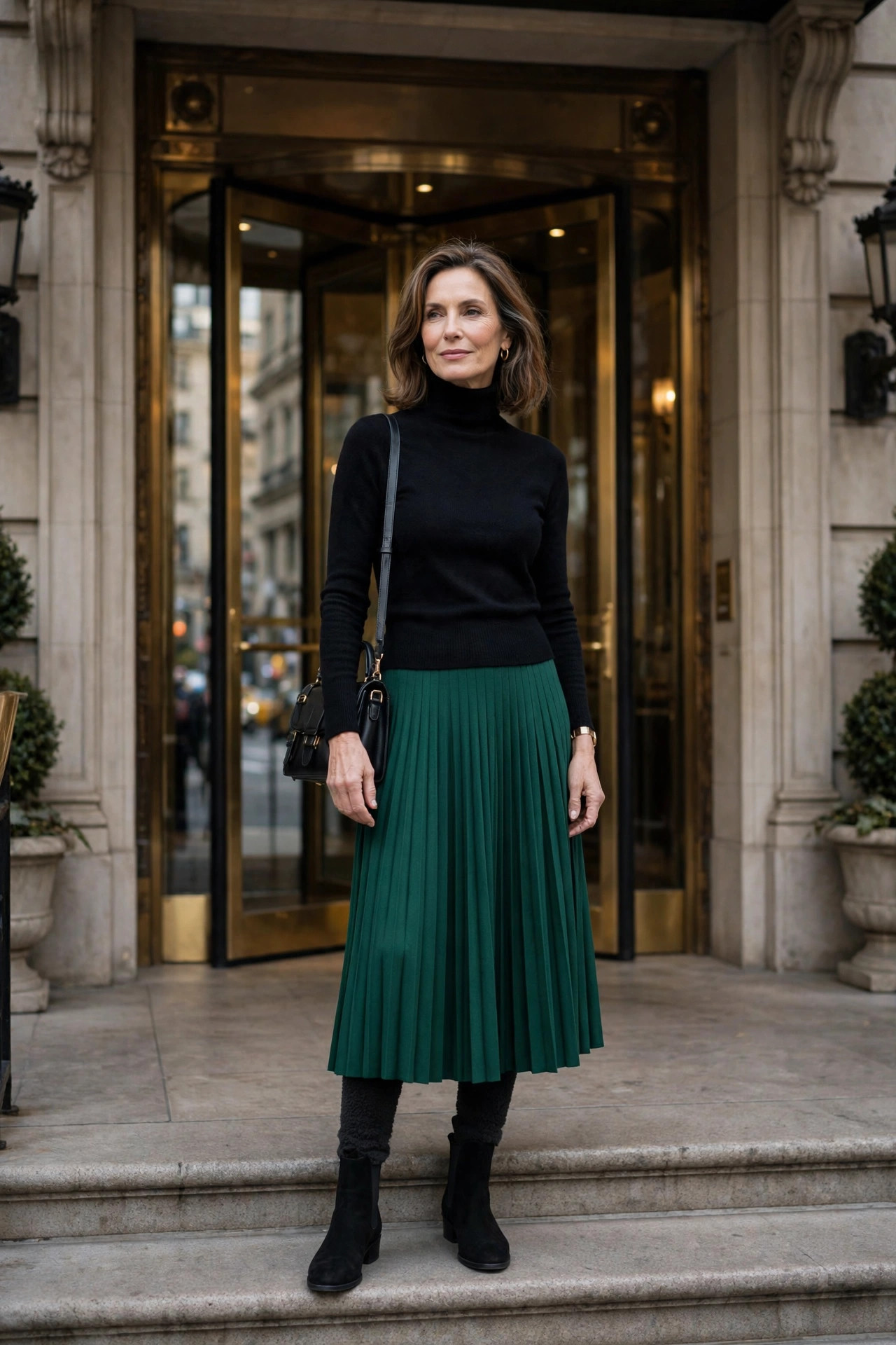 Woman over 50 in pleated midi skirt and ankle boots at hotel entrance
