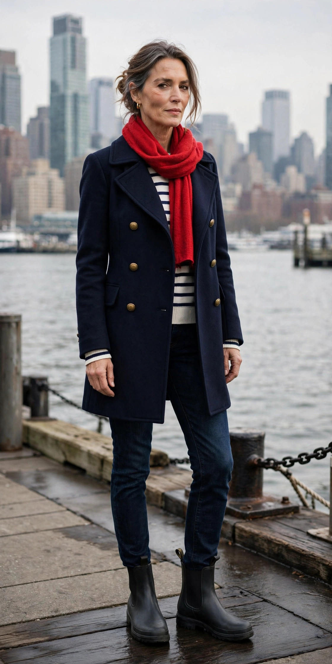 Woman over 50 in navy peacoat at waterfront with Manhattan skyline