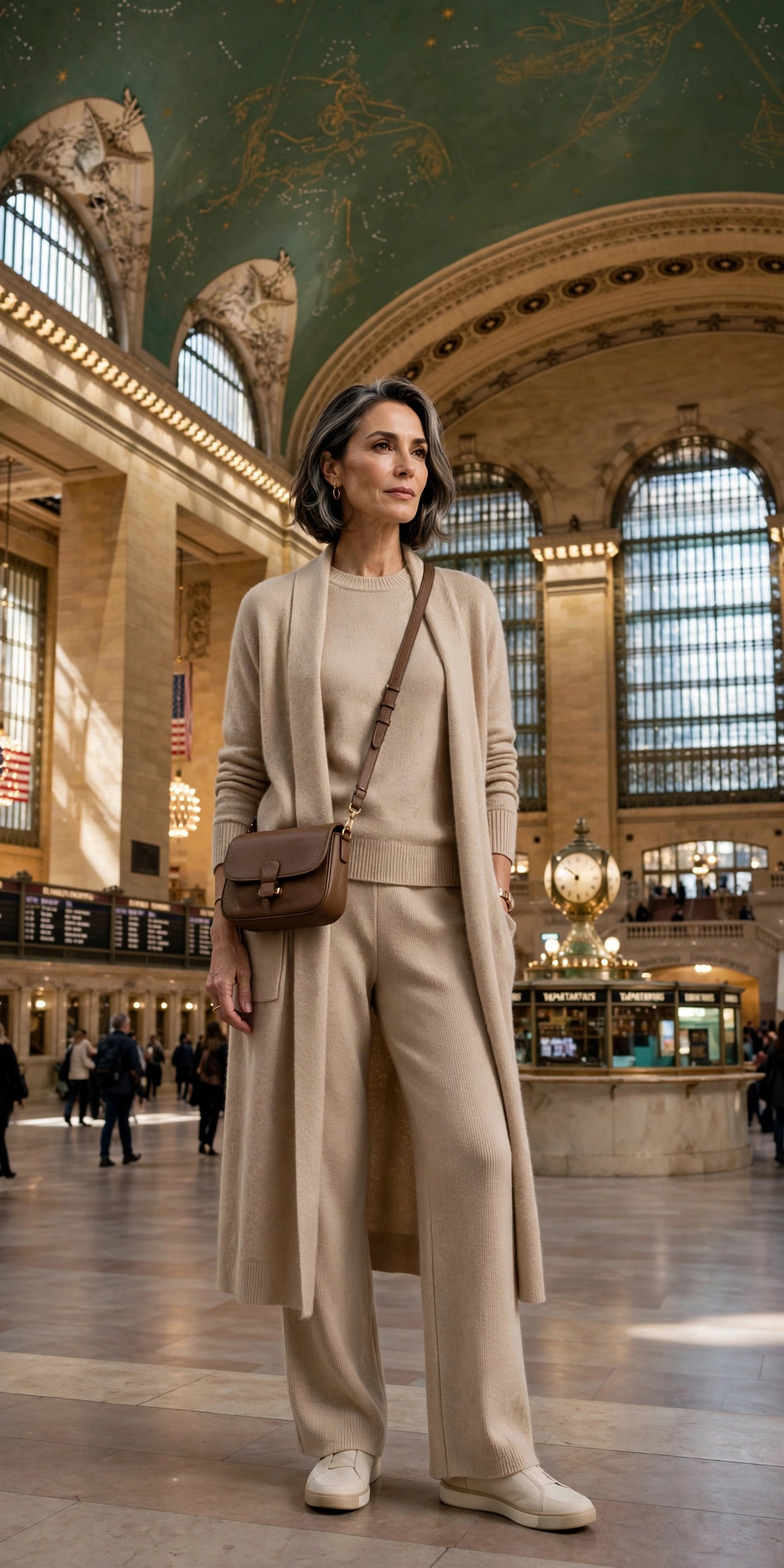 Woman over 50 in chic knit travel set with crossbody bag at Grand Central
