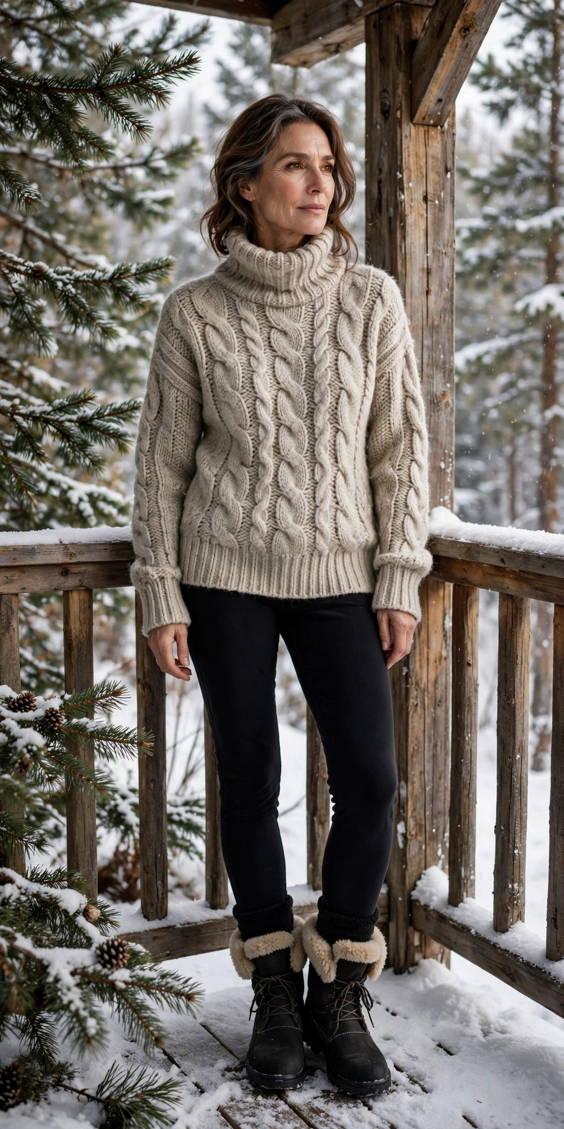 Woman over 50 in chunky cable-knit turtleneck with fleece-lined leggings