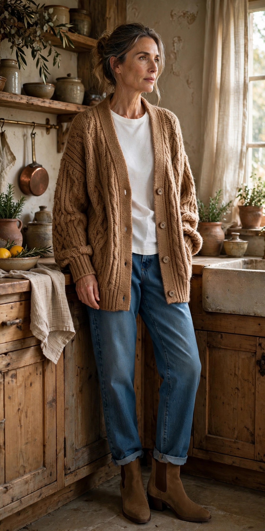 Woman over 50 in oversized grandpa cardigan with thermal tee and jeans