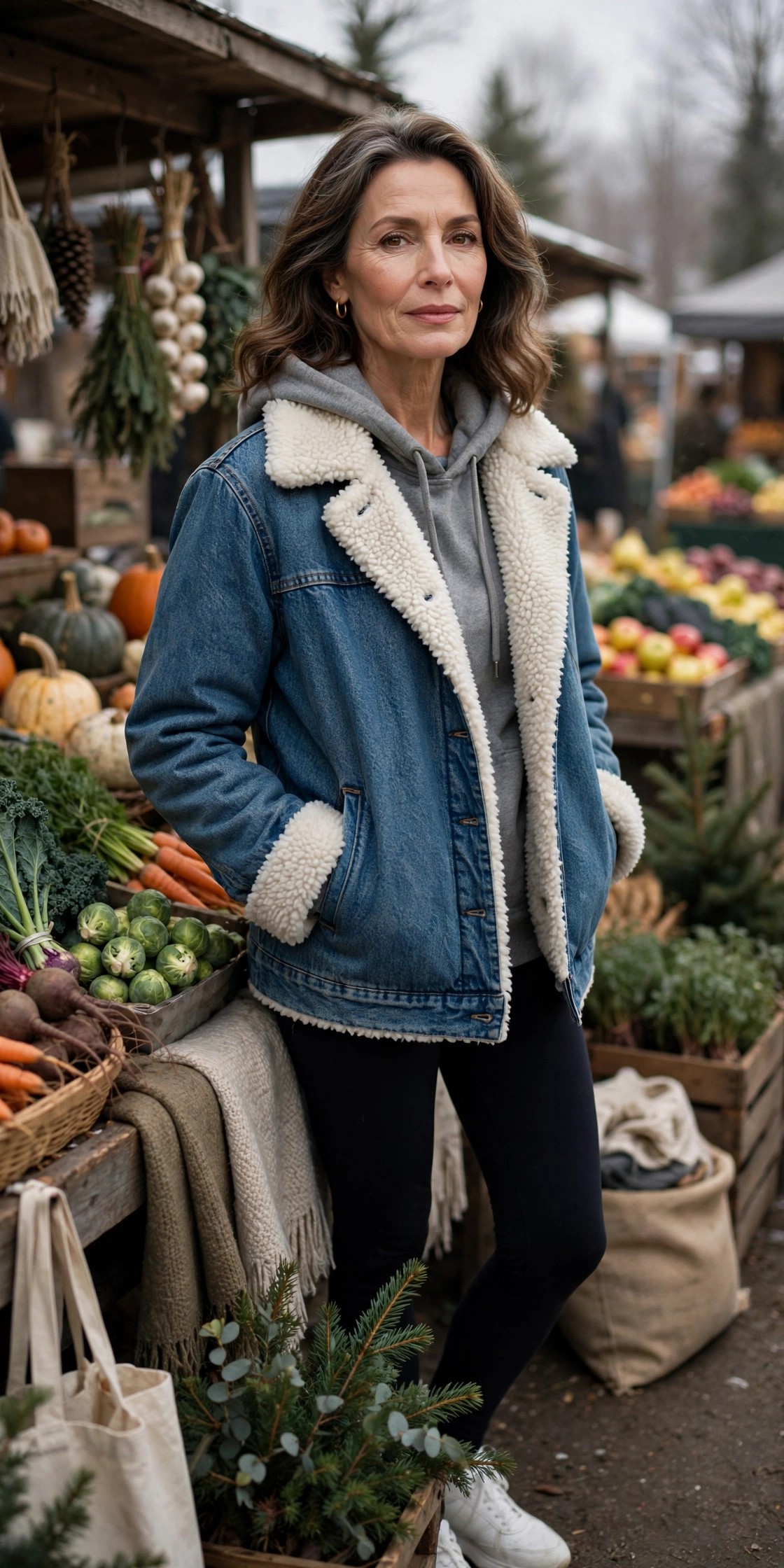 Woman over 50 in sherpa-lined denim jacket with hoodie and leggings